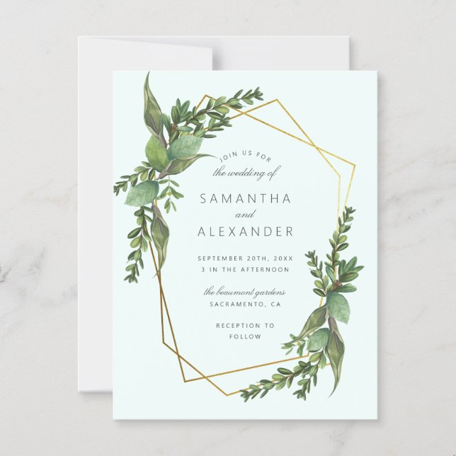 Stylish Greenery Mint & Gold Geometric Wedding Magnetic Invitation (Front)