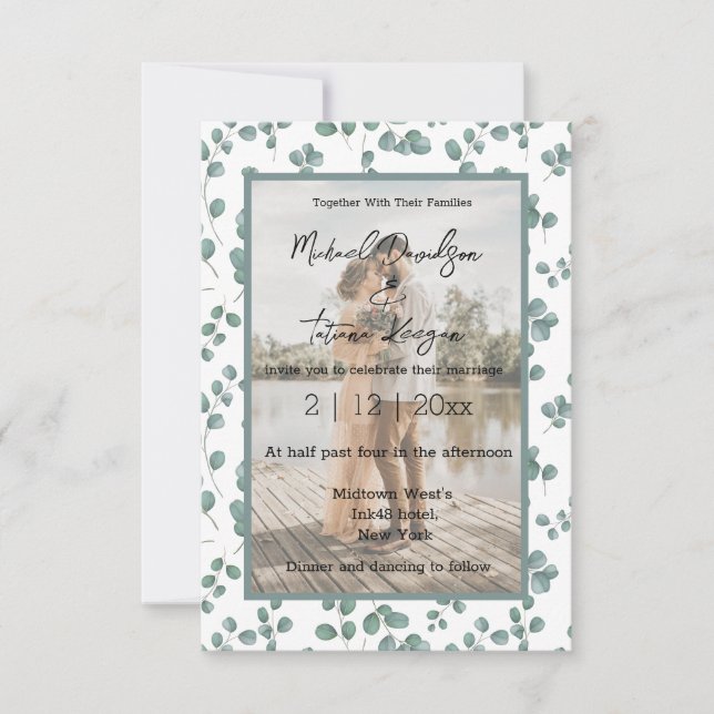stylish greenery pattern wedding photo invitation (Front)