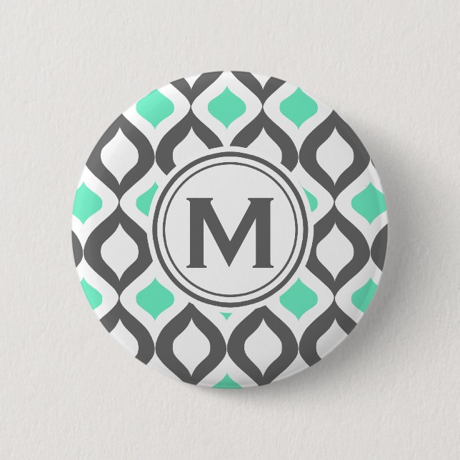 Stylish Grey and Mint Ogee Pattern 2 Inch Round Button (Front)