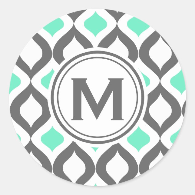 Stylish Grey and Mint Ogee Pattern Classic Round Sticker (Front)