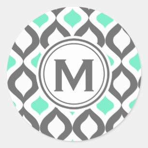 Stylish Grey and Mint Ogee Pattern Classic Round Sticker