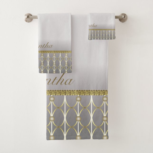 Stylish Grey And White Gold Geometric Pattern Bath Towel Set (Insitu)