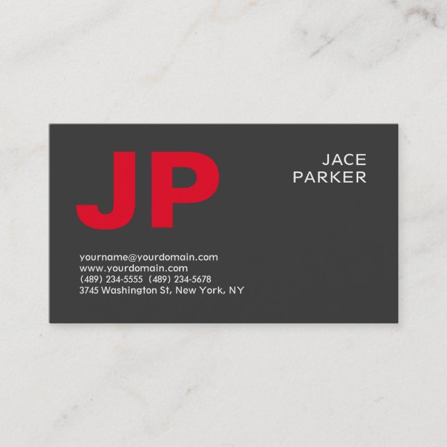 Stylish Grey Background Red Monogram Professional Business Card (Front)