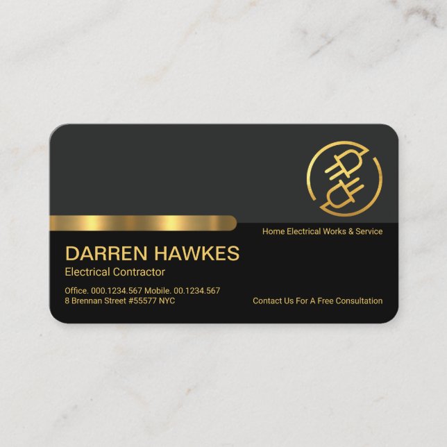 Stylish Grey Black Columns Gold Stripe Plug Business Card (Front)