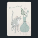 Stylish Grey Cat Teal Floral Illustration Custom iPad Pro Cover<br><div class="desc">This stylish iPad cover features a pretty illustration of a grey cat standing next to a teal green vase filled with florals and botanicals. Personalize it with your name in handwritten script typography. Great gift for cat lovers.</div>