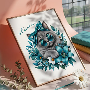 Stylish Grey Cat Teal Floral Illustration Custom  Poster