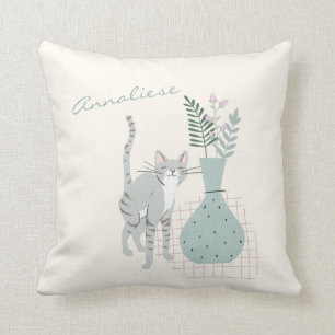 Stylish Grey Cat Teal Floral Illustration Custom Throw Pillow