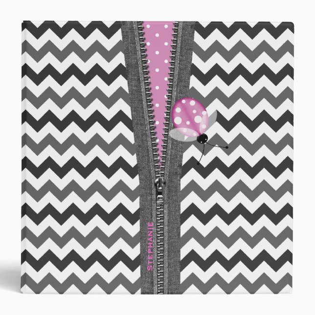 Stylish Grey Chevron Zipper & Pink Ladybug Binder (Front)