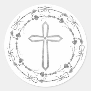 Stylish Grey Cross Boho Wreath Baptism Classic Round Sticker