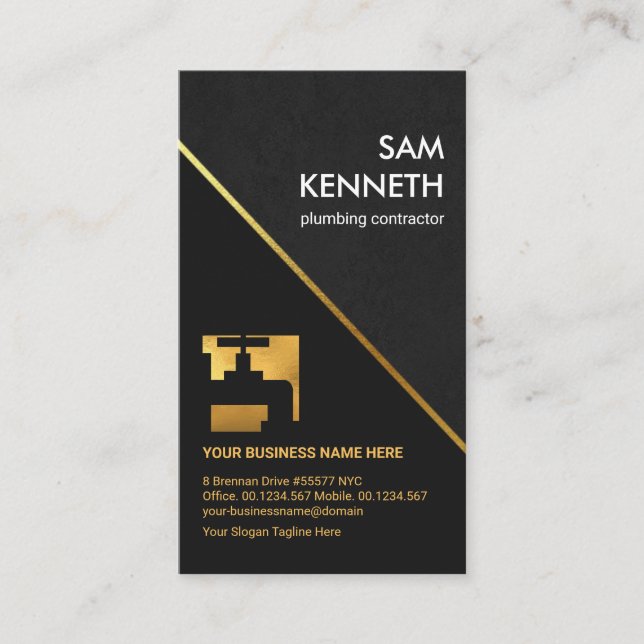 Stylish Grey Grunge Gold Faucet Tap Plumber Business Card (Front)