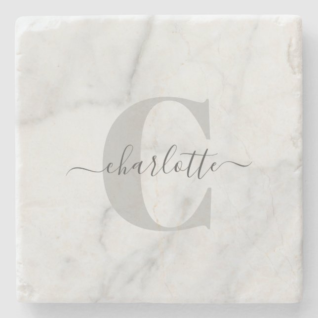 Stylish Grey Marble Personalized Monogrammed   Stone Coaster (Front)
