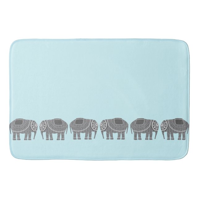 Stylish Grey Ornate Elephants Design, Modern Blue Bath Mat (Front)