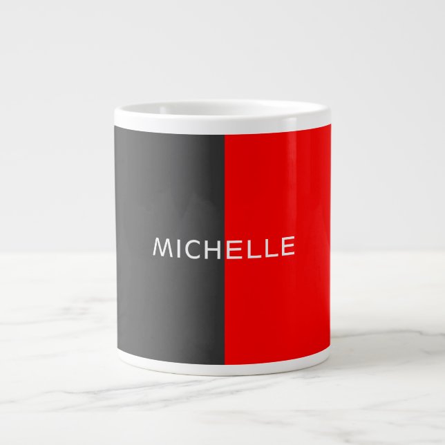 Stylish Grey Red Minimalist Modern Add Name Large Coffee Mug (Front)