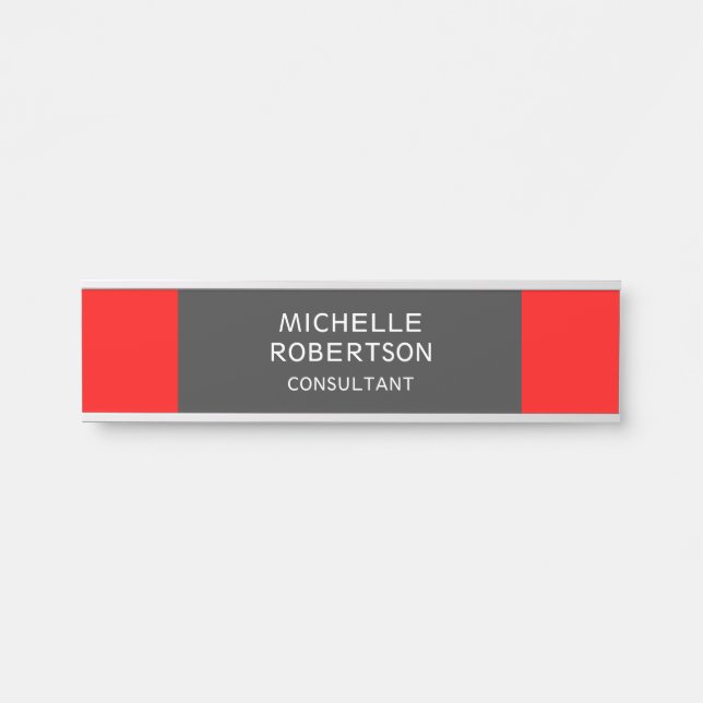 Stylish Grey Red Minimalist Modern Door Sign (Front)