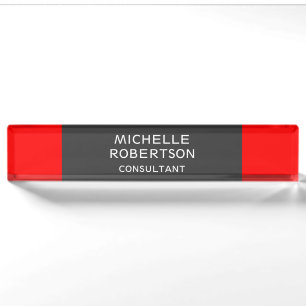 Stylish Grey Red Minimalist Modern Nameplate