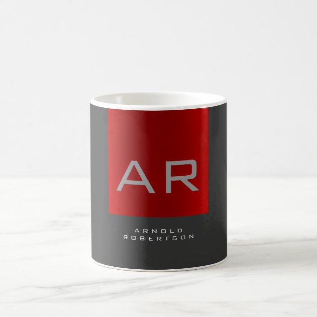 Stylish Grey Red Trendy Monogram Add Name Coffee Mug (Center)