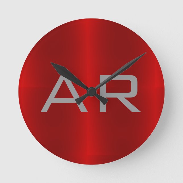 Stylish Grey Red Trendy Monogram Round Clock (Front)
