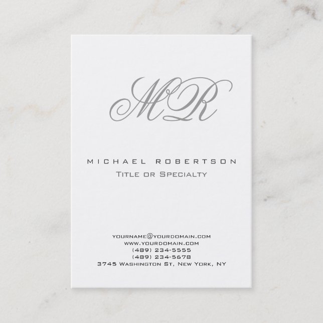 Stylish Grey Script Monogram Clean Business Card (Front)