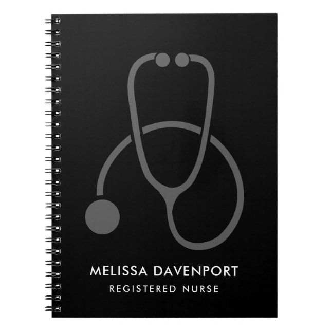 Stylish Grey Stethescope Illustration on Black Notebook (Front)