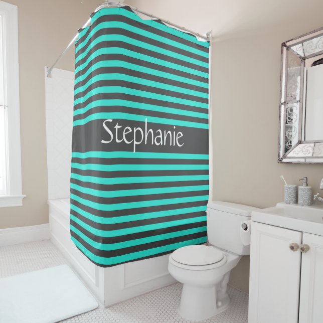 Stylish Grey Teal Stripes White Custom Name (In Situ)