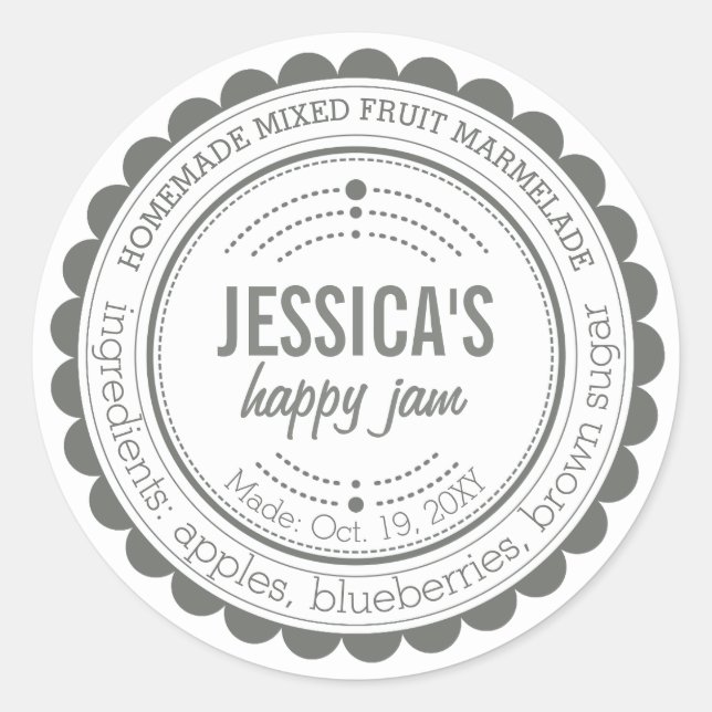 Stylish Grey White Homemade Jam Circle Label (Front)