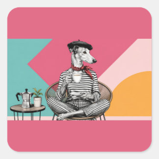 Stylish Greyhound Coffee Pop Art Portrait Square Sticker