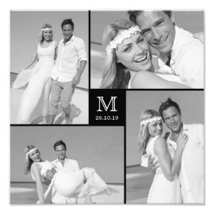 Stylish Grid Black Square Monogram 4 Photo Wedding