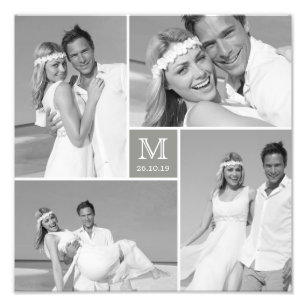 Stylish Grid Grey Square Monogram 4 Photo Wedding