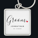 Stylish Groom Wedding Keychain<br><div class="desc">The perfect gift for any groom, the fun and modern design features stylish typography script font "Groom" wording with a cute little red love heart full stops. The design is easy to personalize with your name and established wedding date and will be the perfect keepsake from your special day.</div>