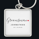 Stylish Groomsman Wedding Keychain<br><div class="desc">The perfect gift for any groomsman, the fun and modern design features stylish typography script font "Groomsman" wording with a cute little red love heart full stops. The design is easy to personalize with a name and established wedding date and will be the perfect keepsake from your special day.</div>