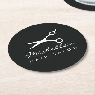 Stylish hair salon and barber shop business logo round paper coaster