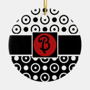 Stylish Half Black Half White polka dots monogram Ceramic Ornament