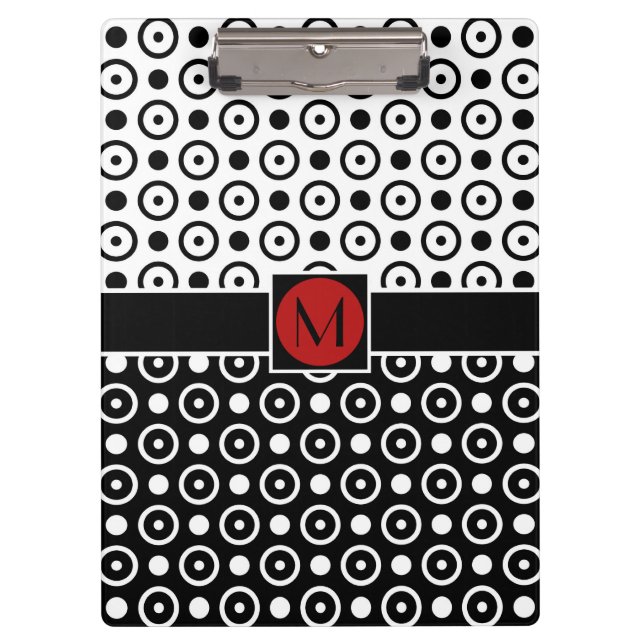 Stylish Half Black Half White polka dots monogram Clipboard (Front)