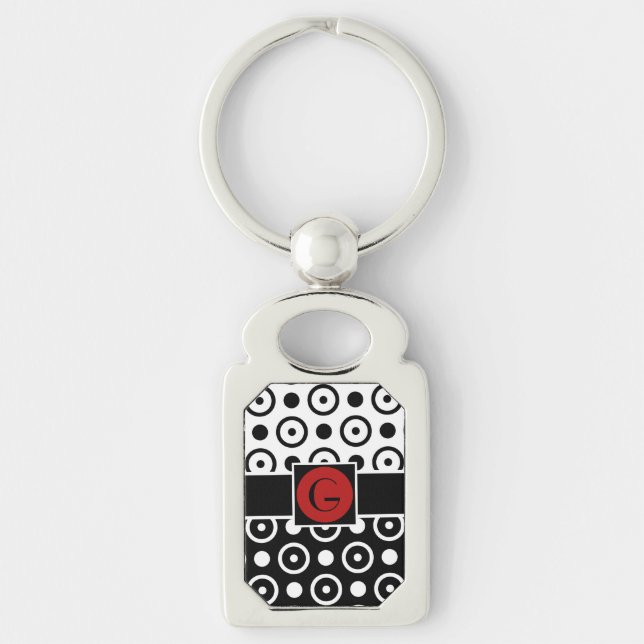 Stylish Half Black Half White polka dots monogram Keychain (Front)