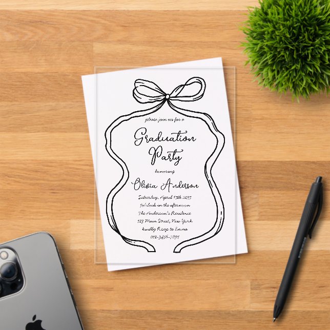 Stylish Hand Drawn Bow & Script Graduation Party Acrylic Invitations (Insitu (Invitation Card))