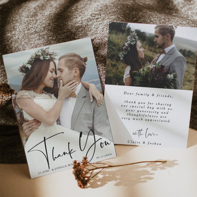 Stylish Hand Lettered 2 Photo Wedding Thank You Card (Creator Uploaded)