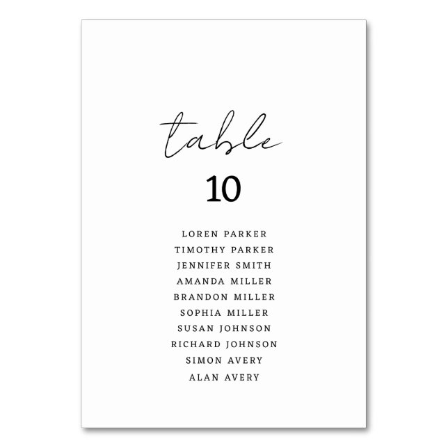 Stylish Handwritten Script Wedding Seating Chart Table Number (Front)