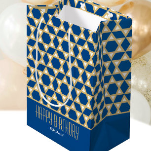 Stylish Happy Birthday Star Pattern Navy Custom Medium Gift Bag