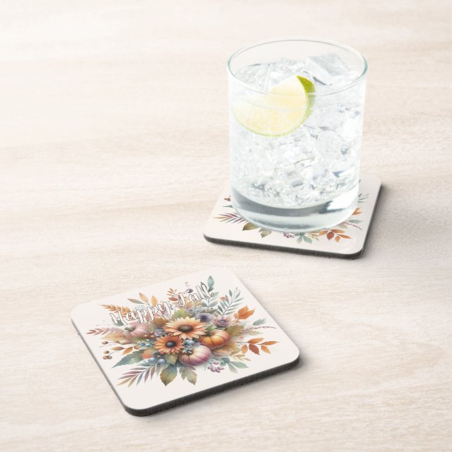 Stylish Happy Fall Pumpkin Flower Bouquet Motif Coaster (Right Side)