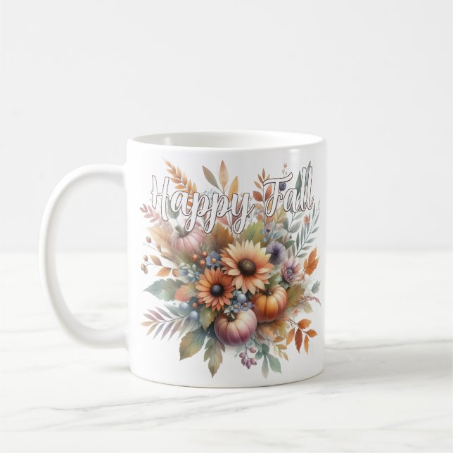 Stylish Happy Fall Pumpkin Flower Bouquet Motif Coffee Mug (Left)
