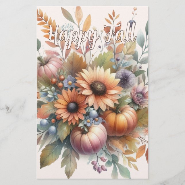 Stylish Happy Fall Pumpkin Flower Bouquet Motif Stationery (Front)