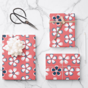 Stylish Hawaiian Floral Pattern Cute Coral Navy  Wrapping Paper Sheet