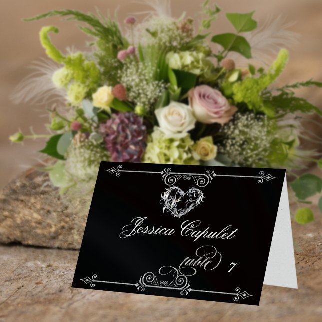 Stylish Heart & Scrolls - Black Place Card (Creator Uploaded)