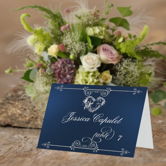 Stylish Heart & Scrolls - Blue Place Card (Creator Uploaded)