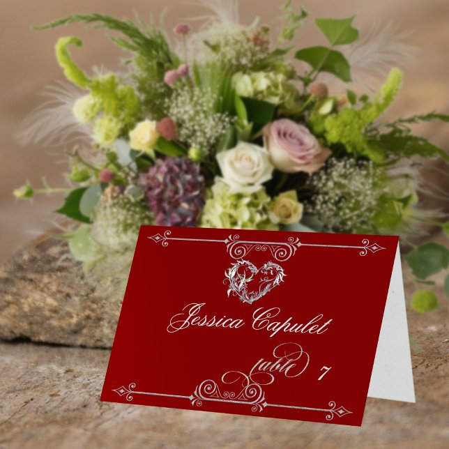 Stylish Heart & Scrolls - Red Place Card (Creator Uploaded)