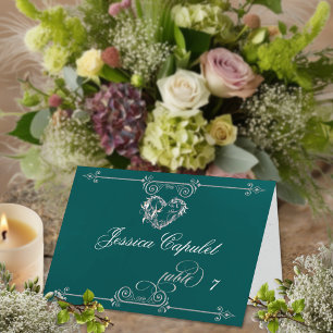 Stylish Heart & Scrolls - Teal Place Card