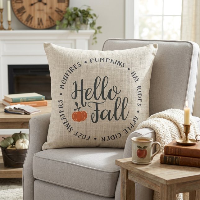 Stylish Hello Fall Classic Autumn Throw Pillow (Stylish Hello Fall Classic Autumn Throw Pillow.  Bonfires, Pumpkins, Hay Rides, Cozy Sweaters, Cider)