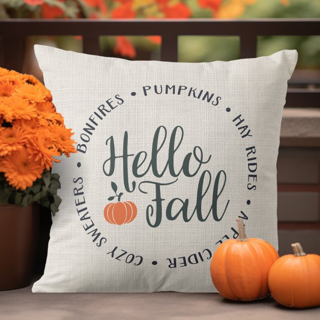 Stylish Hello Fall Classic Autumn Throw Pillow (Stylish Hello Fall Classic Autumn Throw Pillow.  Bonfires, Pumpkins, Hay Rides, Cozy Sweaters, Cider)