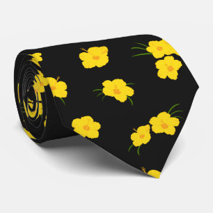 Stylish Hibiscus Flower Yellow and Black Patterned Tie