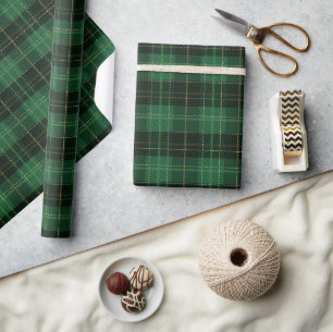 Stylish Holiday Green and Black Christmas Plaid Wrapping Paper